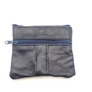 Blue Leather Zip Coin Pouch Minimalist Soft Leather Small Wallet New Travel